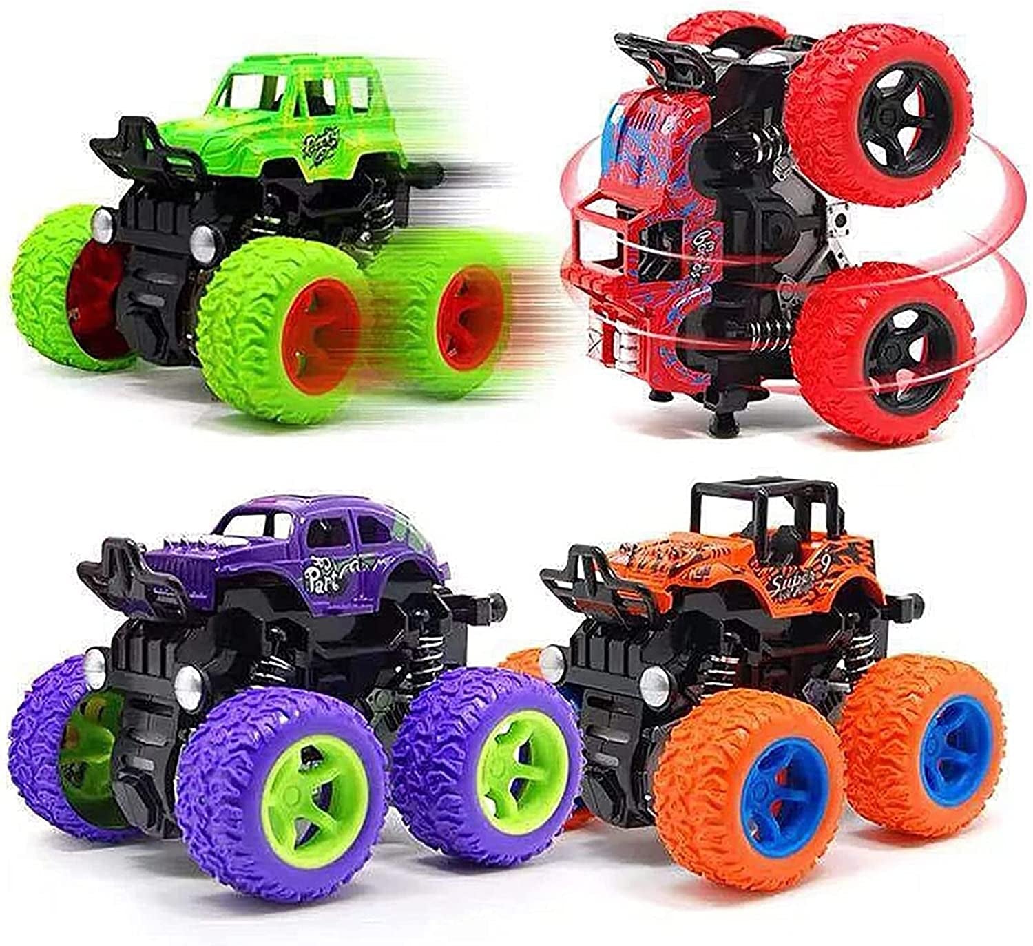Monster Truck for Boys 3 4 5 6 7 Year Old,4 Pack Push and Go Friction Powered Car Toys, Double-Directions Inertia Pull Back Vehicle Set,Birthday Party Gift for Kids