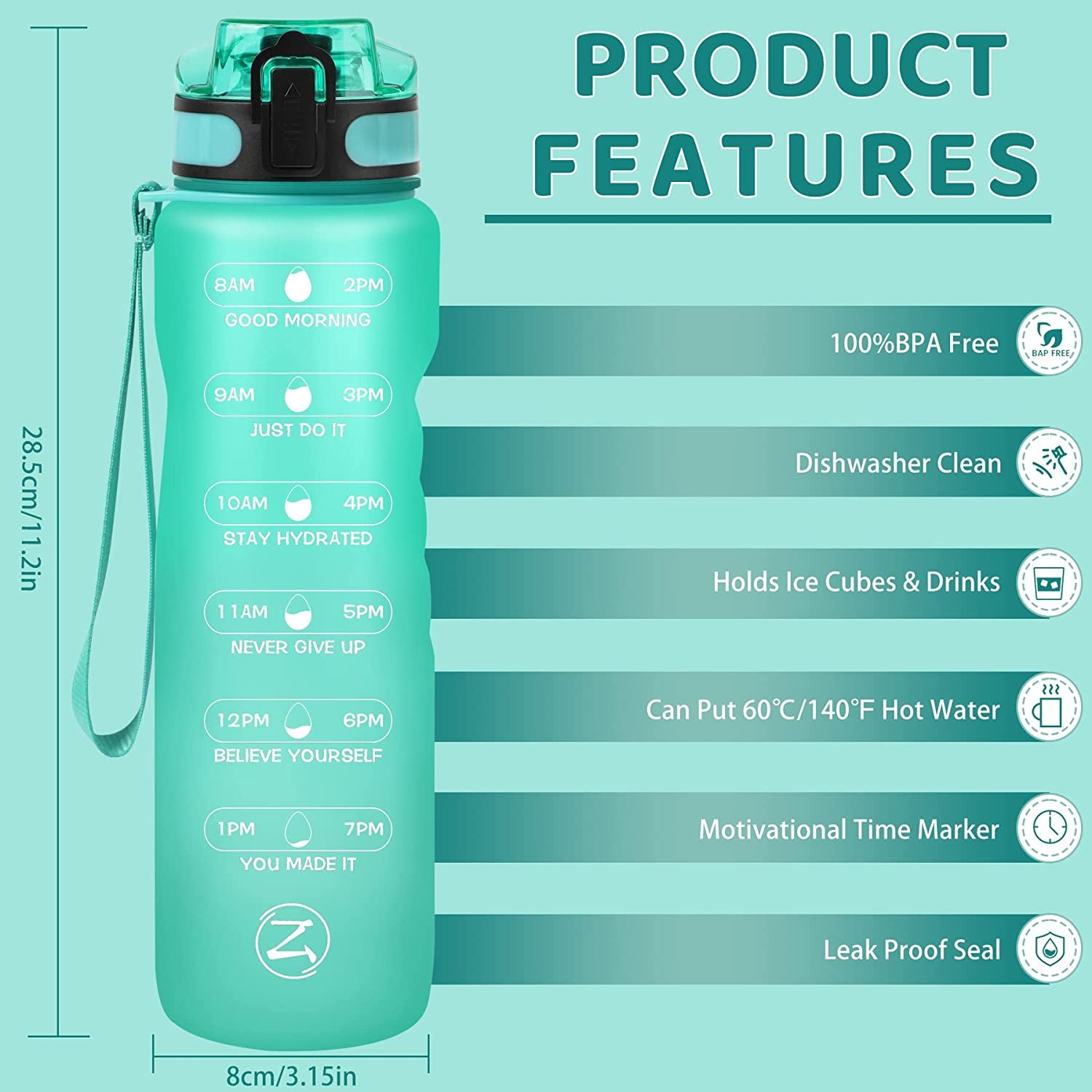  32oz Motivational Water Bottle with Times to Drink,Time Marker & Removable Strainer,Fast Flow,Leakproof Tritan BPA Free Non-Toxic Water Jug for Fitness,Gym,Sports