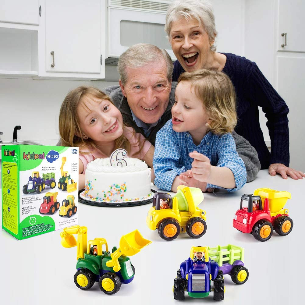 Friction Powered Cars for 1 2 3 Year Old Boy & Girl, Toddler Car Toy with 4 Sets Tractor, Truck, Dumper, Bulldozer Toy Construction Vehicles, Truck Toy Birthday for 18M 20M 24M+