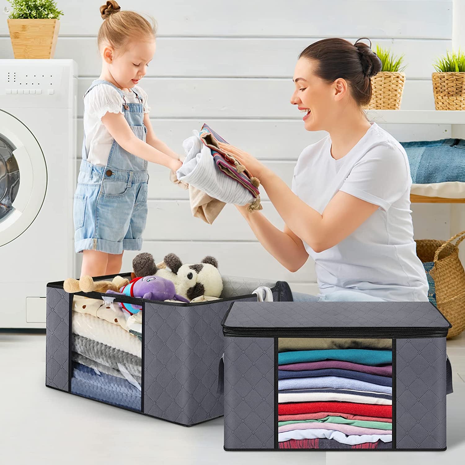 6-Pack Clothes Storage Organizer, Large Capacity Blanket Storage Bags with Reinforced Handles & Sturdy Zippers, Foldable Clothing Storage Organizer Container for Comforters, Blankets, Bedding (Grey)