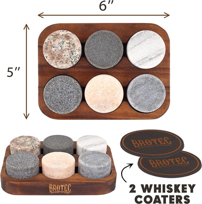 Whiskey Stones Gift Set - 6 Granite Round Beverage Chilling Drinking Stones Whiskey Rocks with 2 Extra Whisky Glasses Coasters - Premium Sipping Rocks in Elegant Wooden Storage Tray - Bar Accessories