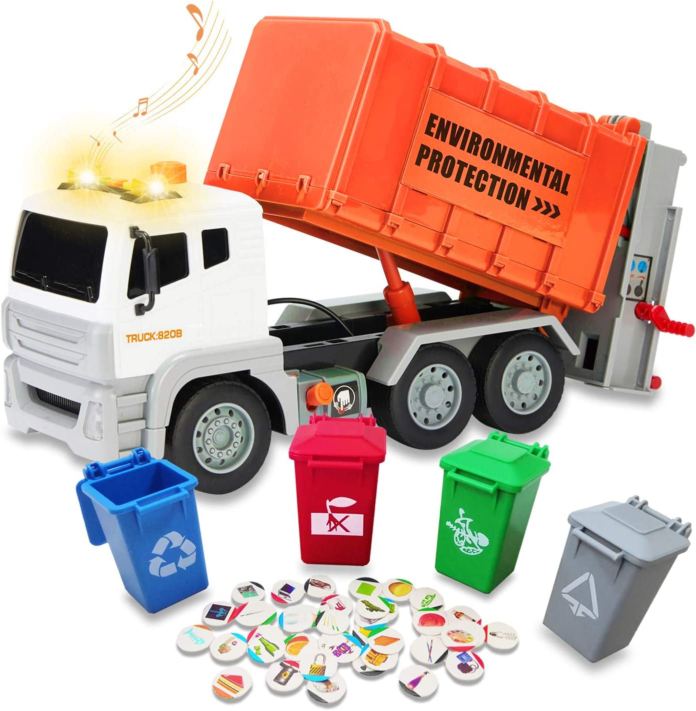 Garbage Truck Toy, Waste Management Recycling Truck Toy with 4 Trash Cans, 40 Garbage Sorting Cards, Lights & Sounds,Educational Toys and Gift for Toddlers, Kids, Boys & Girls (Green)