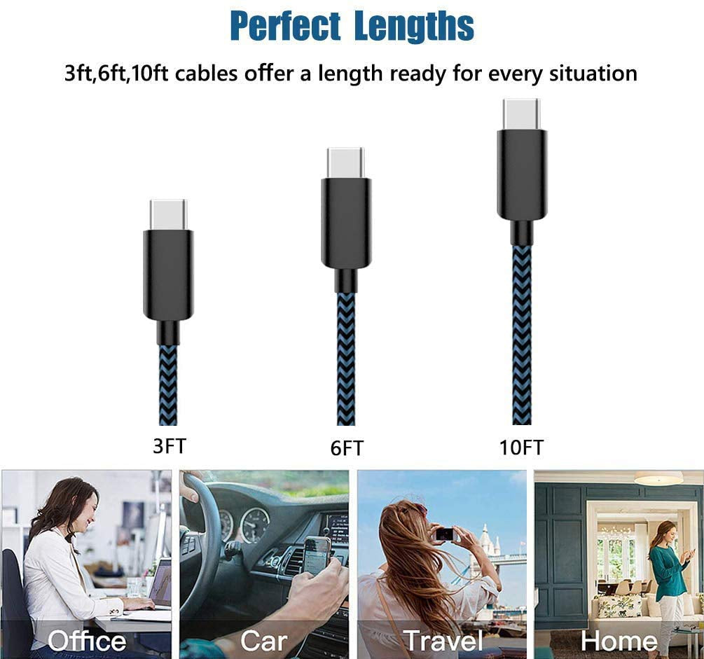 4 Pack USB Type-C Cable 3A Fast Charging - 3/6/6/10FT 