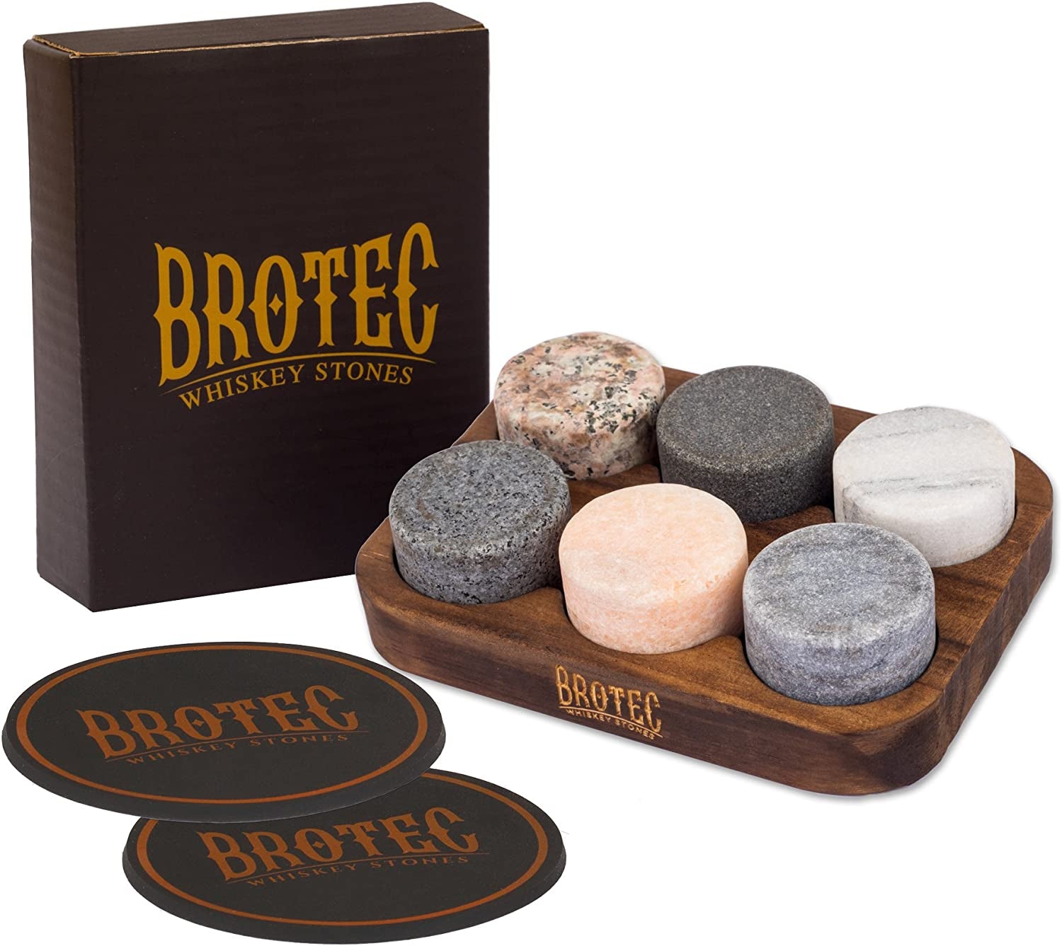 Whiskey Stones Gift Set - 6 Granite Round Beverage Chilling Drinking Stones Whiskey Rocks with 2 Extra Whisky Glasses Coasters - Premium Sipping Rocks in Elegant Wooden Storage Tray - Bar Accessories