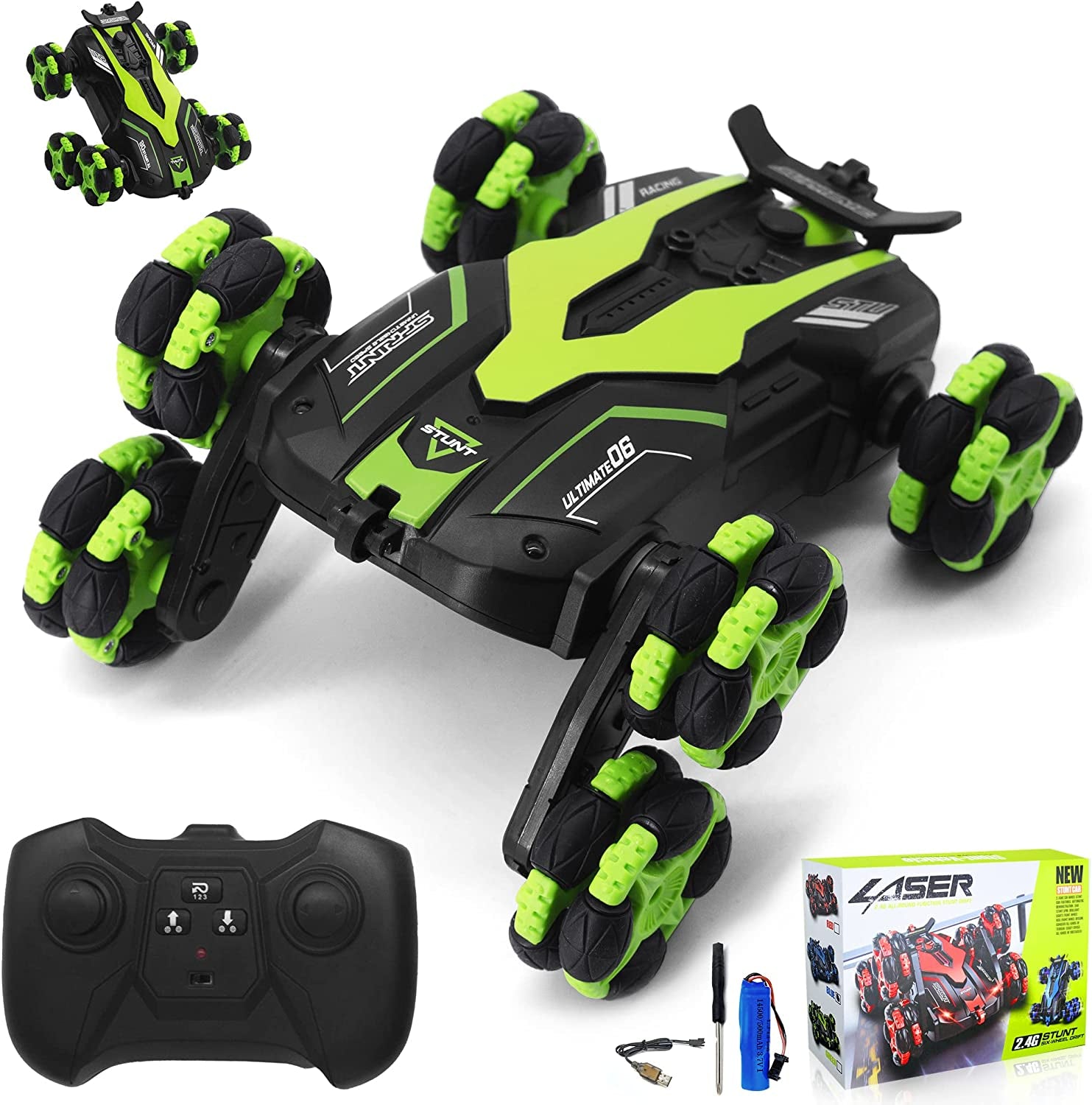 AGV 6-Wheels RC Stunt Cars Deformable Stunt Remote Control Car 2.4Ghz 360° Rotating Trucks with LED Headlights, off Road RC Crawler, 2 Batteries for 60 Mins Play Toy Cars for Boys and Girls (Green)