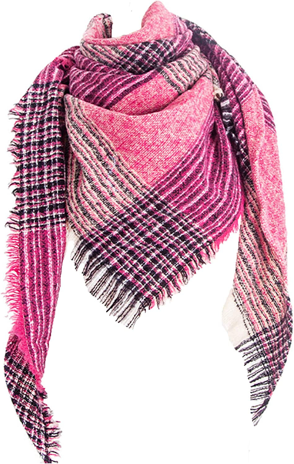 Womens Warm Scarf Triangle Shawls Winter Scarves Stripe Plaid Fichu Rough Surface