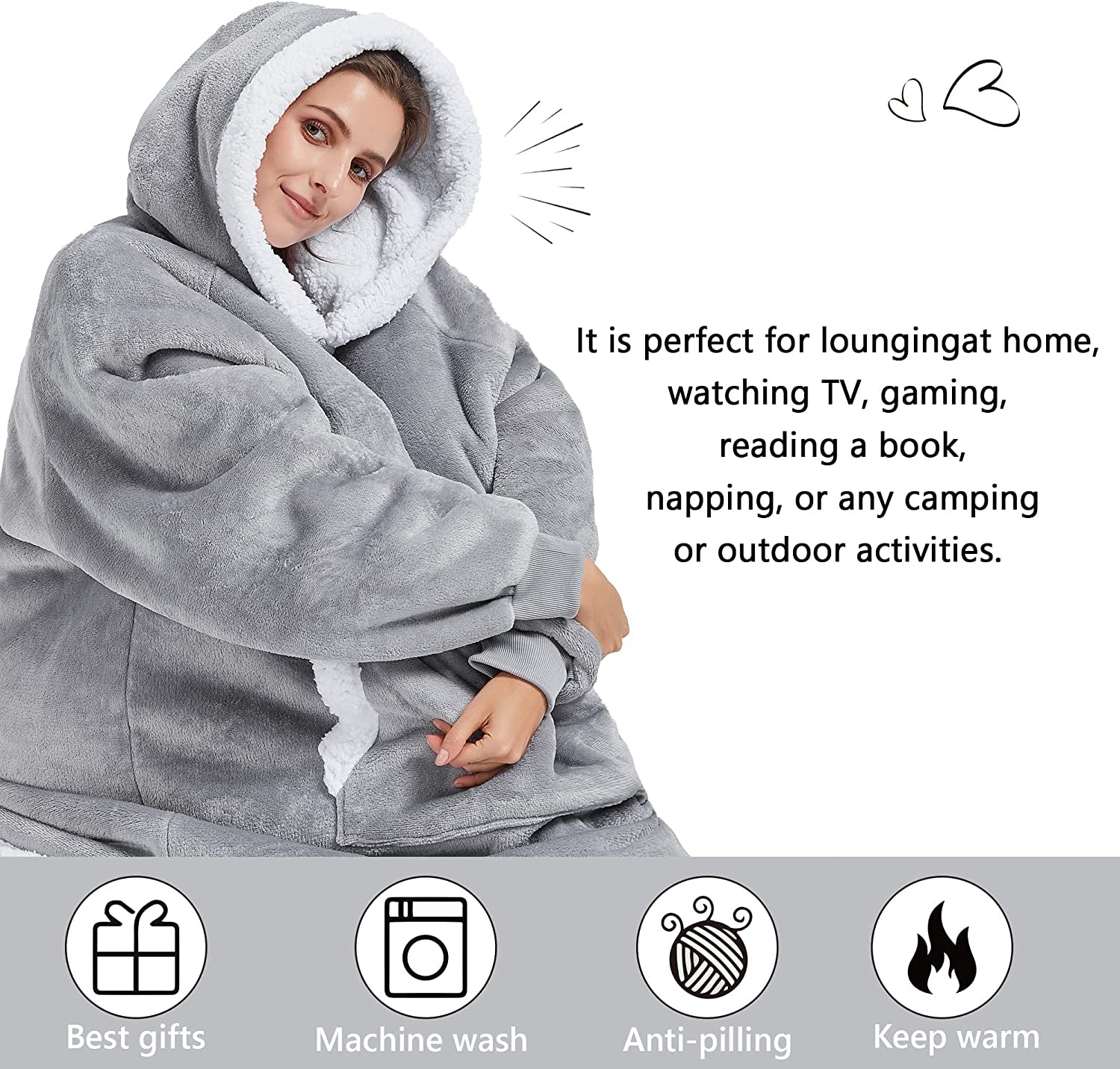 Wearable Blanket Hoodie for Adult Oversized Sherpa Blanket Sweatshirt Hoodie with Sleeves and Giant Pocket Gift for Women Men