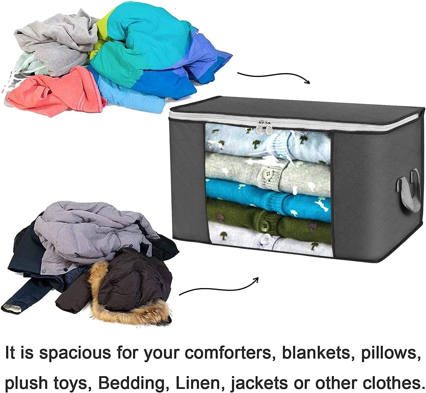 Set of 4 - XLarge Capacity Clothes Storage Bags with Clear Window - Reinforced Handle - Foldable with Sturdy Zipper - Thick & Durable Fabric for Comforters Blankets Bedding Pillows Clothing Toys - Easy to Carry 24" X 16" X 14" Gray