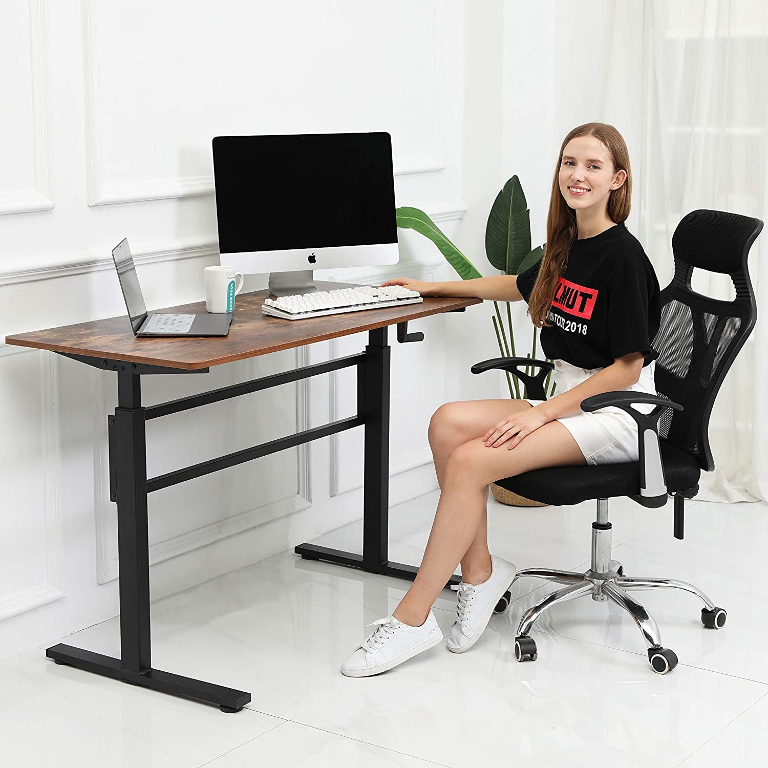 Crank Adjustable Height Standing Desk - Sit to Stand up Desk, Home Office Desk Computer Workstation, Black Frame/Antique Top