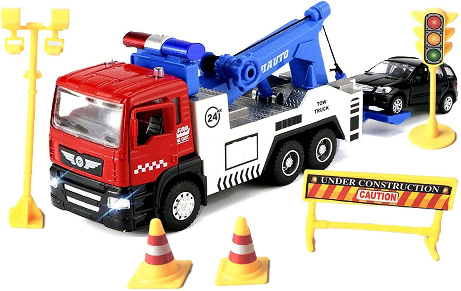 JOYINUS Toy Tow Truck Metal Diecast Truck with Car Pull Back Miniature Toy Trucks with Sound and Light for Boys(With 5 Pcs Traffic Signs)