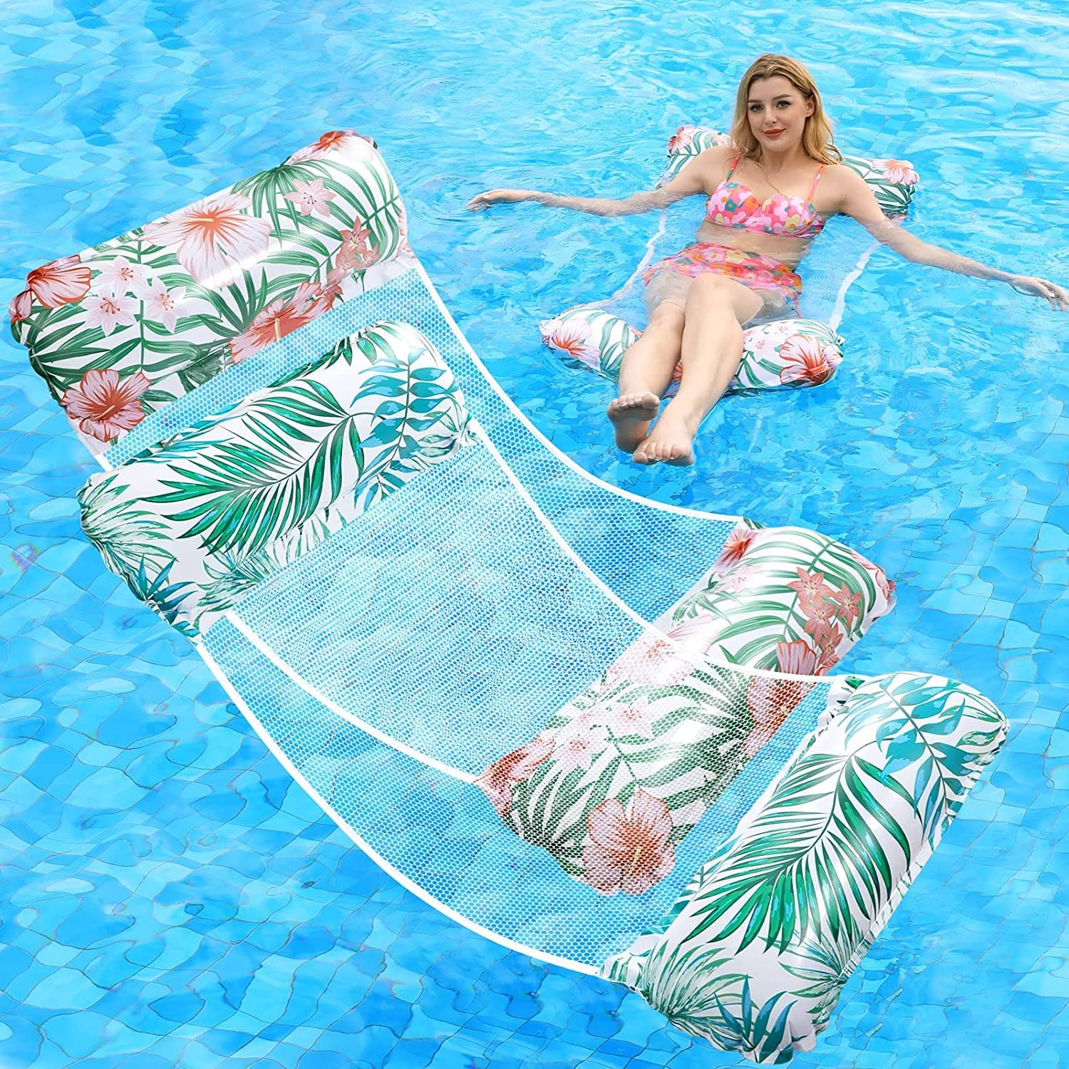 Pool Floats - 2 Pack Water Hammock Swimming Pool Float, Water Hammock Lounger, Inflatable Pool Floats, 4-in-1 Swimming Pool Floaties (Saddle, Lounge Chair, Hammock, Drifter), Pool Floats for Adult