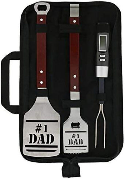  BBQ Grill Tools Set Gift for Dad, 4 Piece Set, Number 1 Dad Tongs, Spatula, Digital Thermometer and Case