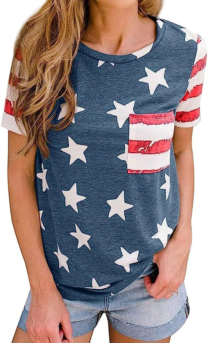 Womens American Flag Shirt USA Flag Stars Stripes Print Short Sleeve July 4th Patriotic Graphic Tees Tops