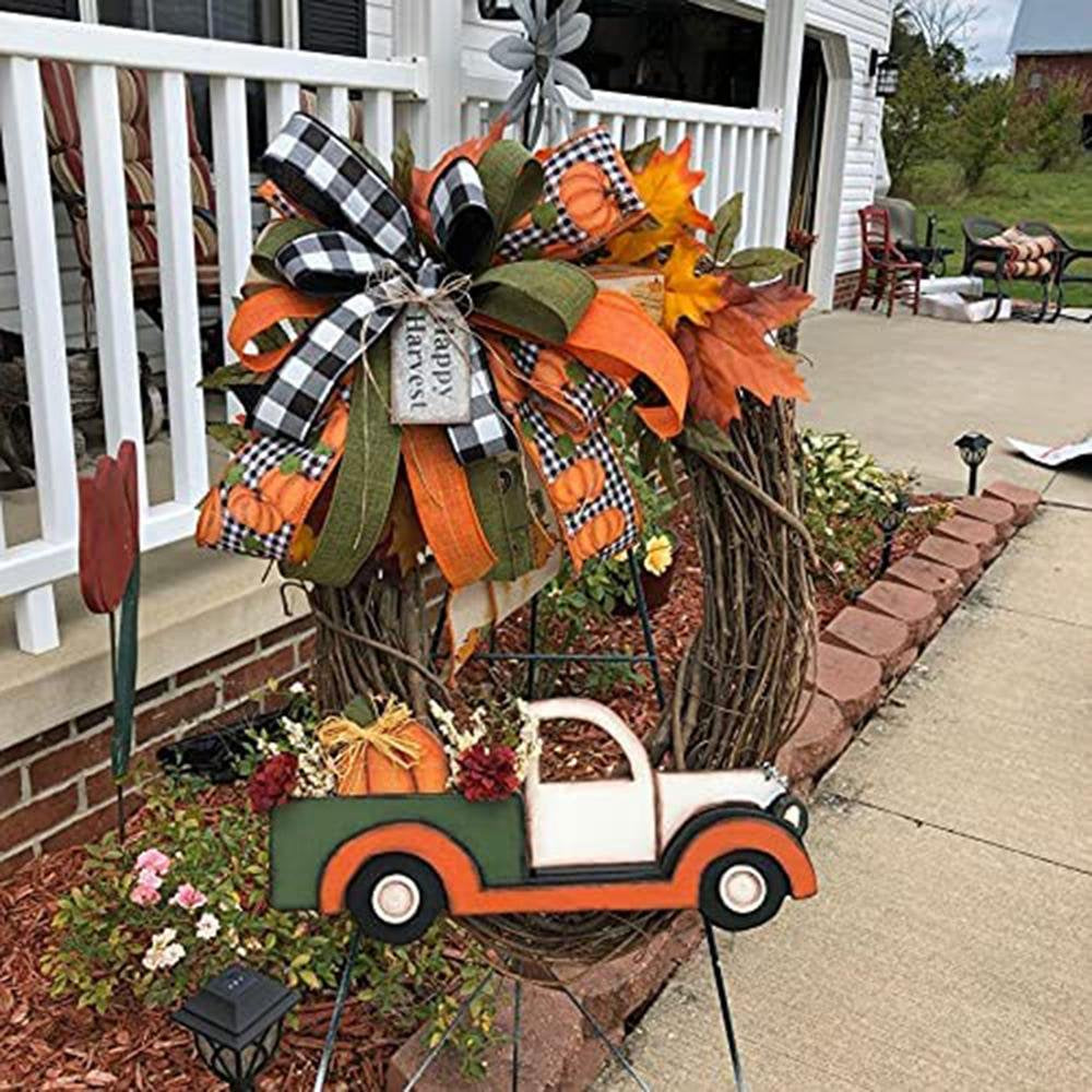 Vintage Pumpkin Truck Fall Wreath Decoration, Halloween Farmhouse Wreath Decorations,Green Pickup Truck, Wooden Pumpkin Patch, Autumn, Porch, Door, Home Decorations