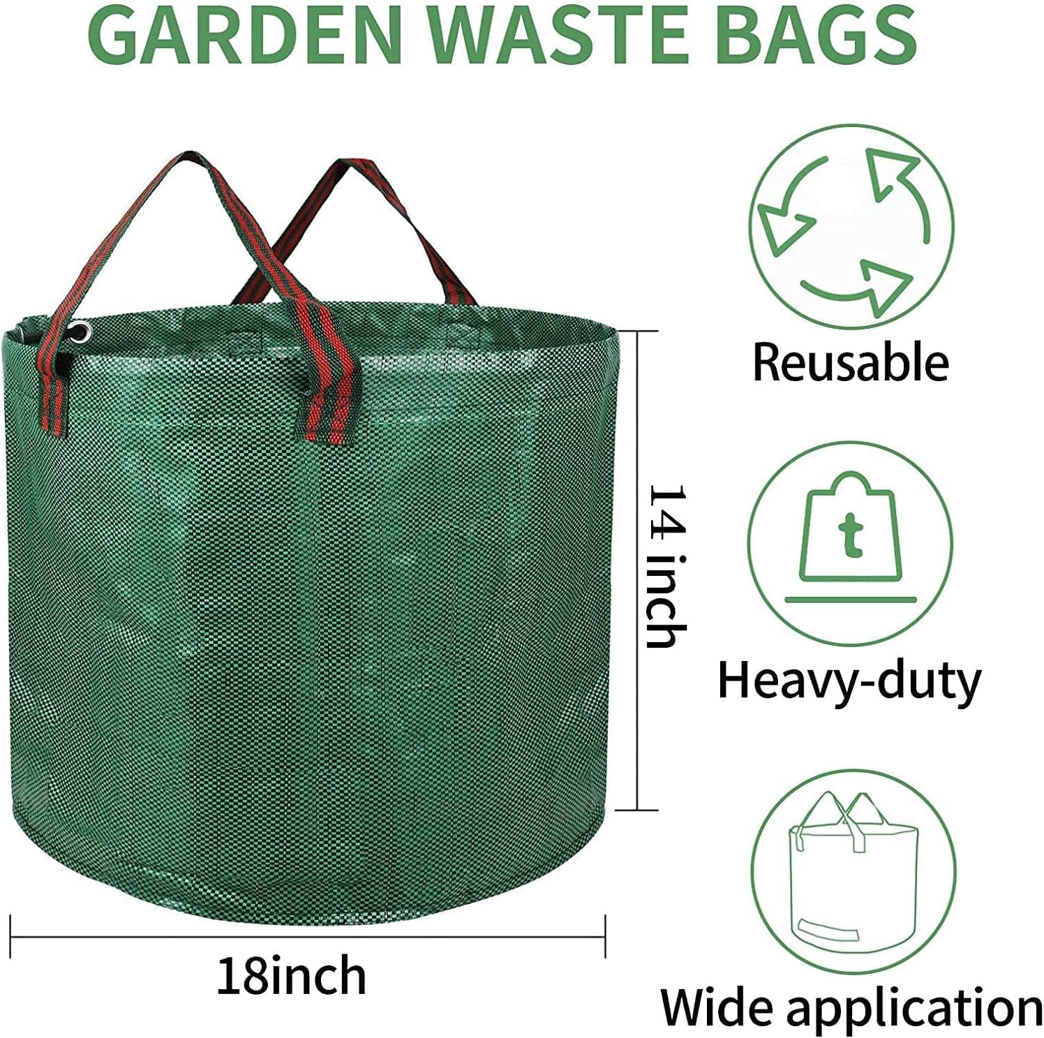16-Gallon 3-Pack Lawn Garden Leaf Waste Bags, Heavy Duty Reusable Standable with Handles for Patio, Yard, Laundry Container and Trash Can, Sturdy Thickened PE Green Color