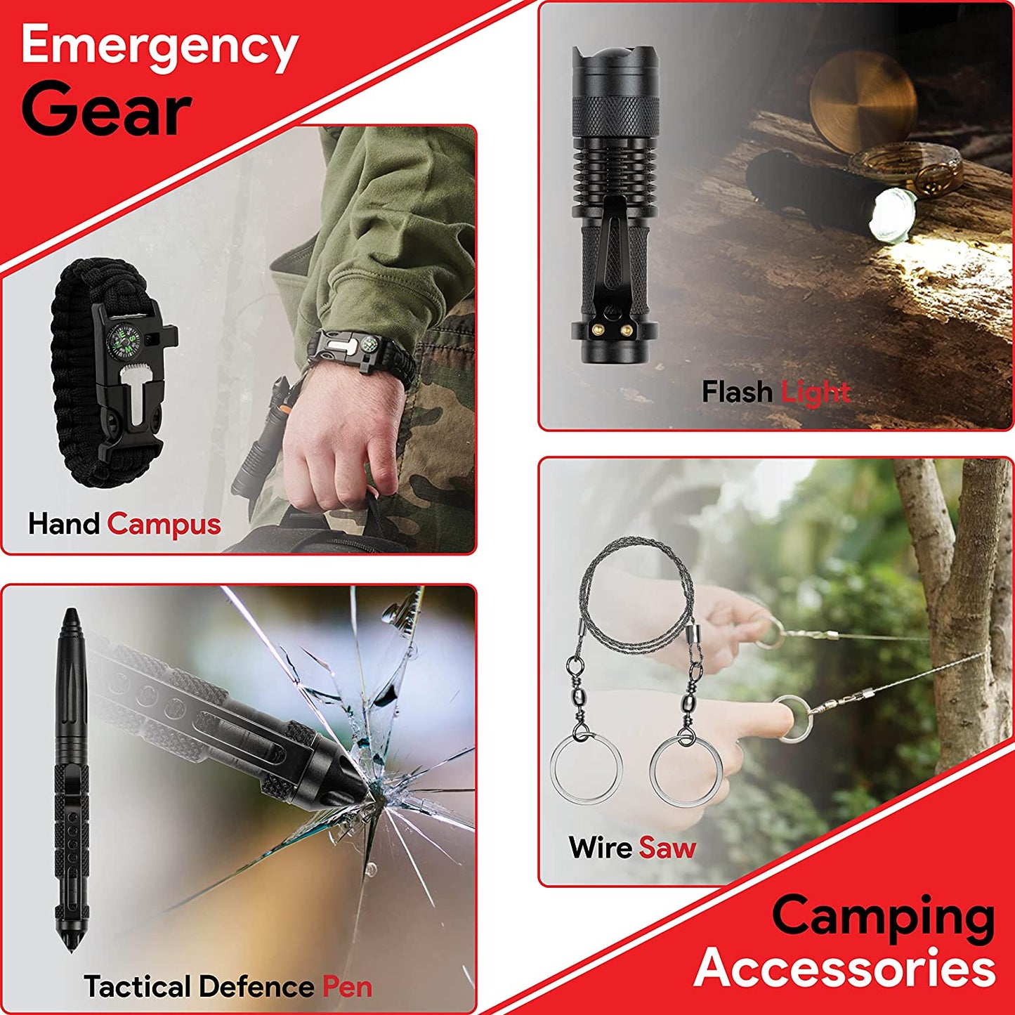 20 in 1 Emergency Survival Kit , Professional Gear for Outdoor Camping, Equipment & First Aid Accessories, Gift Idea Dad, Husband, Boyfriend, Great Hiking, Hunting, Black