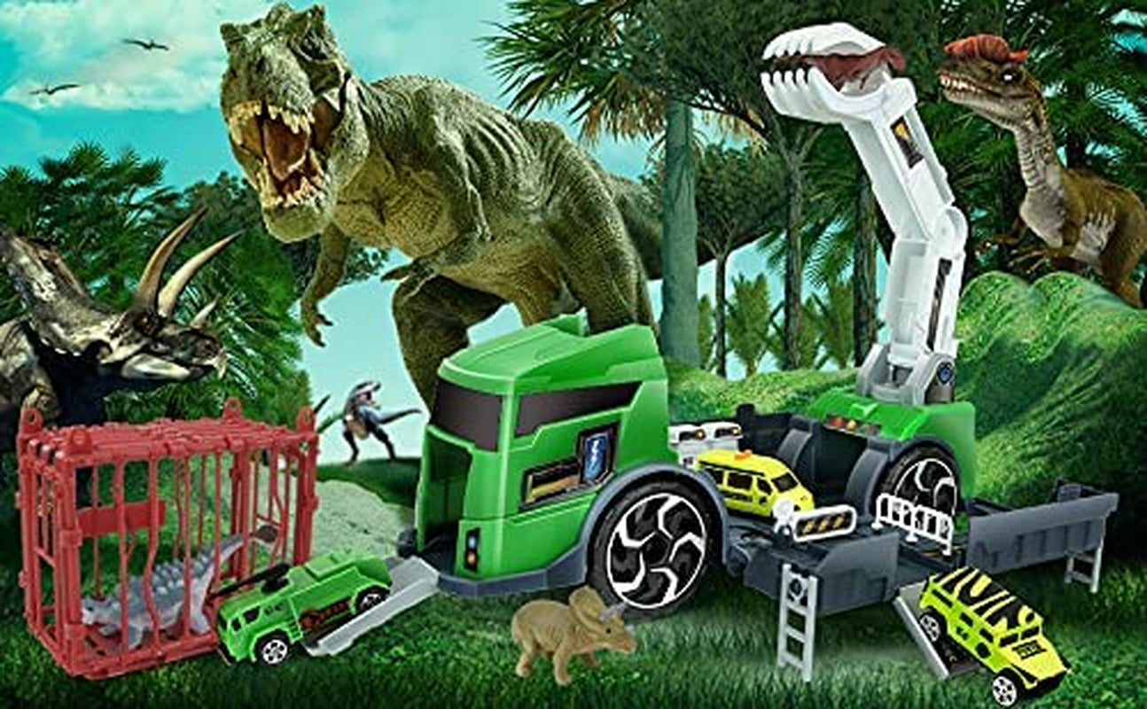 Transporter Dinosaur Carrier Truck-7 Dinosaurs and 6 Vehicles Dino Play Toy for Kids 3 4 5 Year Old, Dinosaur Capture Car with Manipulator, Helicopter, Cage, Gift for Boys Toddlers