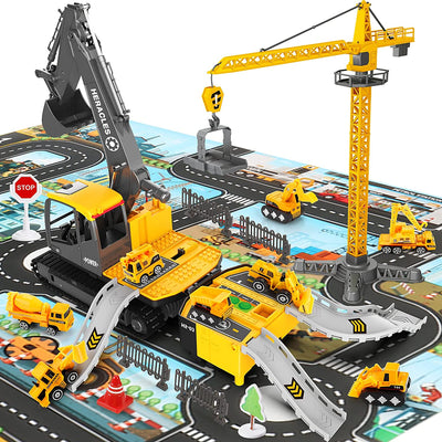 Construction Truck Toys for 3 4 5 6 Year Old Boys, Big Excavator Toy Engineering Vehicles with Play Mat, Large Tower Crane, 8 Mini Truck & Road Signs for Toddler Kids Christmas Birthday Gifts