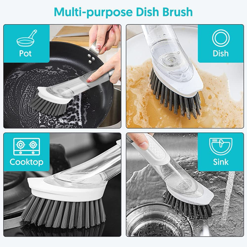 Soap Dispensing Dish Brush Set Kitchen Scrub Brush with Stand 3 Brush Replacement Heads