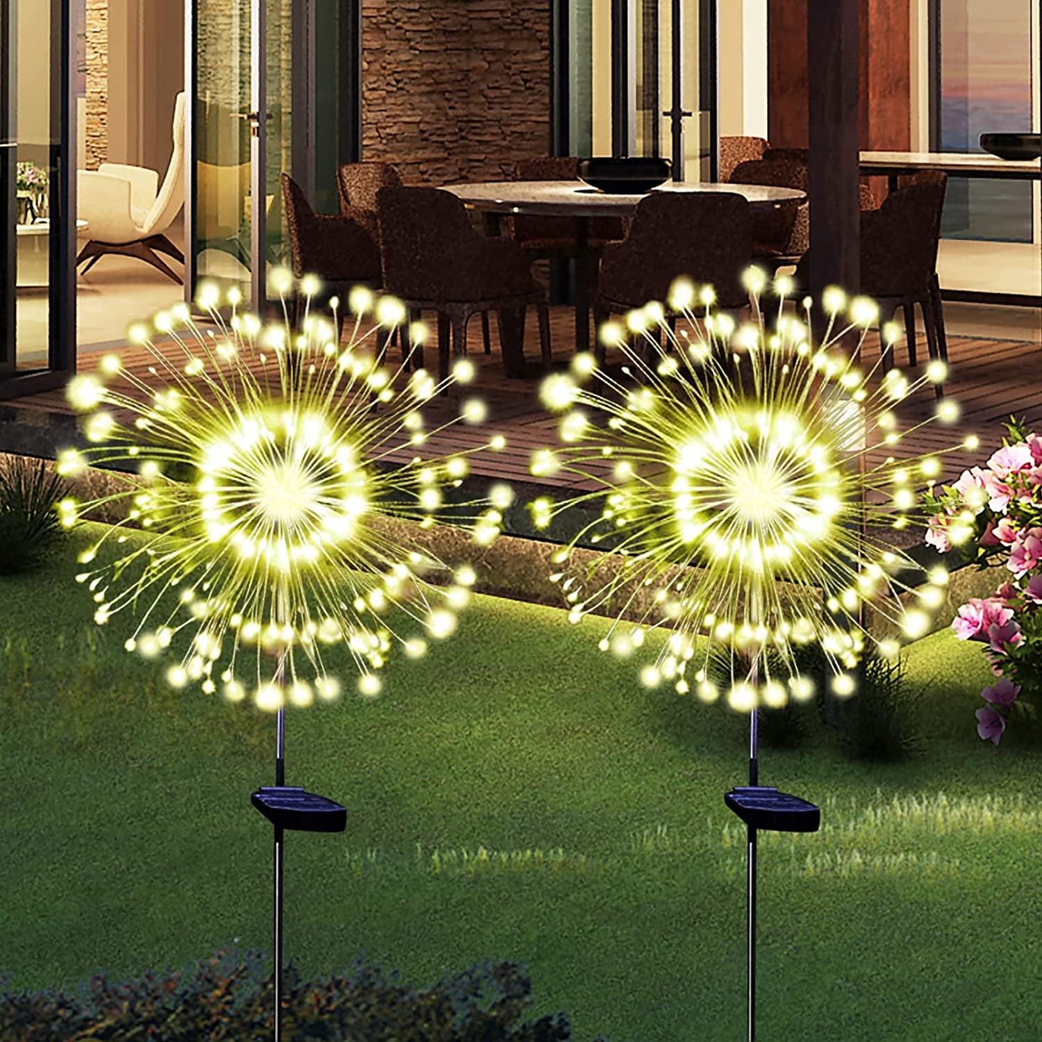 Solar Garden Firework Lights Outdoor Waterproof 2 Pack Solar Powered Art Stake Twinkle Lighting for Outside Decor, 120 LED Sparklers String Lights for Yard Pathway Patio Party Decorations (Warm)