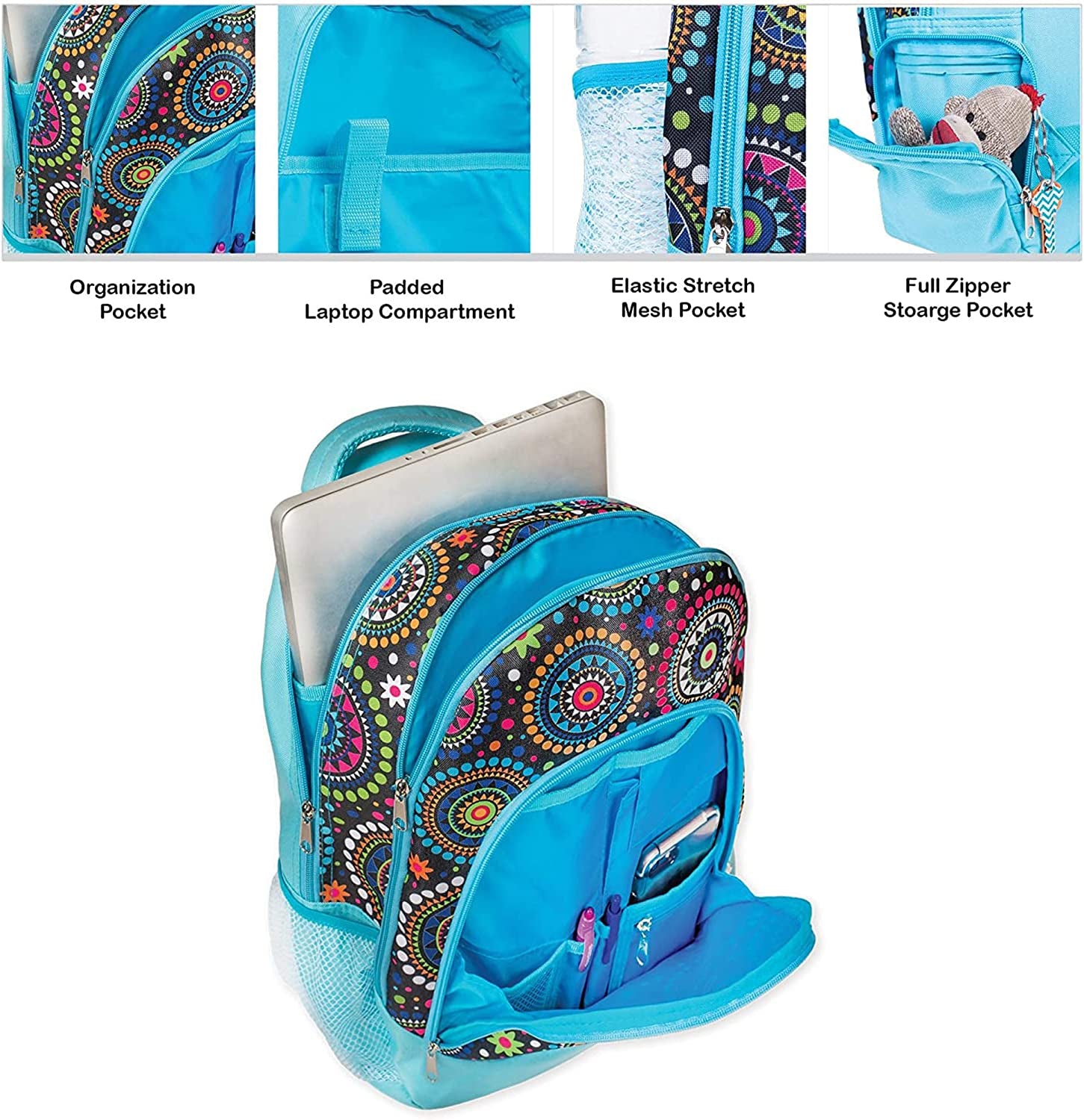 Blue Vibrant Medallion Reinforced and Water Resistant Padded Laptop School Backpack