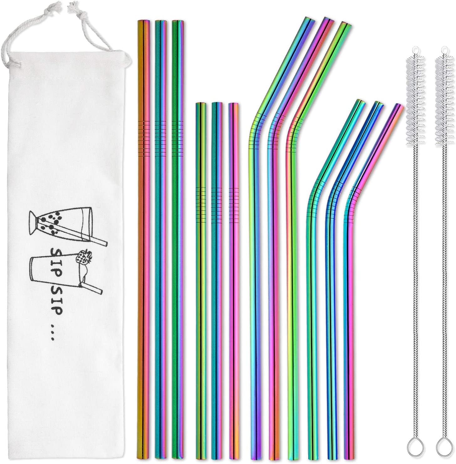 12-Pack Reusable Stainless Steel Metal Straws with Case - Long Drinking Straws for 30 oz and 20 oz Tumblers Yeti Dishwasher Safe - 2 Cleaning Brushes Included