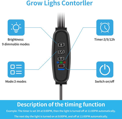 Grow Light for Indoor Plant, Horizontal Plant Growth Lamp for Indoor Plants with Red/Blue Spectrum, Full Spectrum Adjustable Gooseneck, 3/9/12H Timer 3 Switch Modes, 3 Head