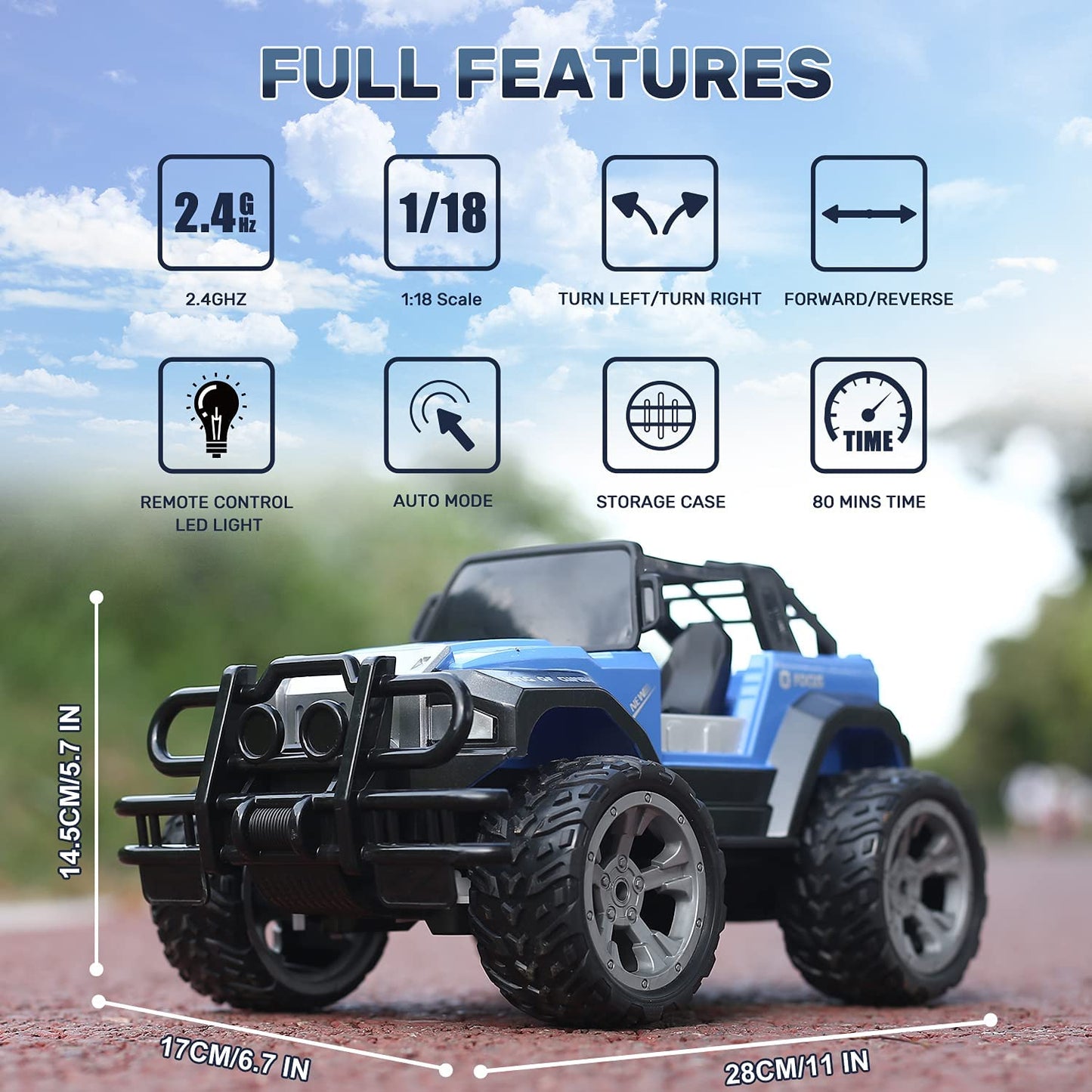 Remote Control Car RC Racing Cars,1:18 Scale 80 Min Play 2.4Ghz LED Light Auto Mode off Road RC Trucks with Storage Case,All Terrain SUV Jeep Cars Toys Gifts for Boys Kids Girls Teens,Blue
