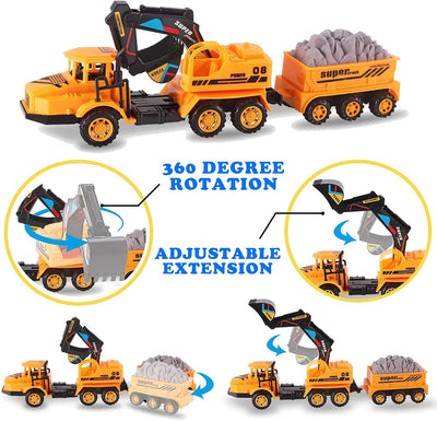 Big Rig Construction Tow Trucks W/ Trailers Toy Cargo Transport Vehicles Playset - Kids Hauler Play Set W/ Dump Truck, Cement Mixer, Excavator (3 Pack)