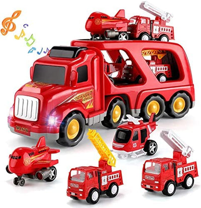 KIDS REPUBLIC Fire Carrier Truck Transport Car Play Vehicles - 5 in 1 Friction Power Toys for 4 5 6 7 Year Old Boys, Push and Go Vehicles