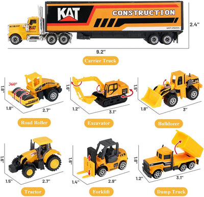 Construction Toys Trucks & Play Mat, Carrier Truck with Diecast Alloy Excavator,Tractor,Dump Truck,Road Roller,Bulldozer,Forklift,Engineering Toy Vehicles with Road Signs for Kids Boys Girls