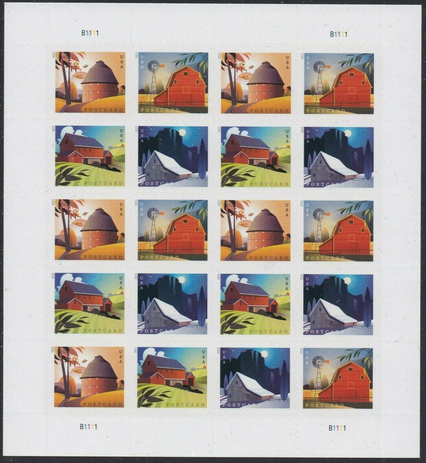 USPS Barn POSTCARD 2021 Forever Postage Stamps - Sheet of 20 Postage Stamps