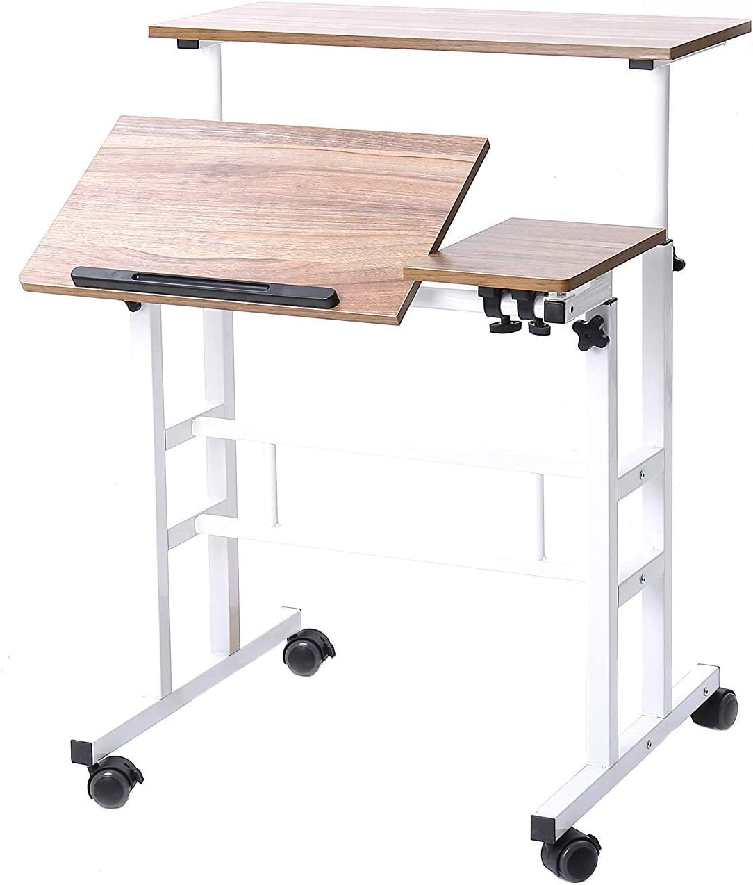 Adjustable Rolling Desk Standing Desk, Dlandhome Sit-Stand Desk Cart Mobile Computer Desk Stand up Desk Office Desk Riser Standing Table Workstation Mobile Desk, Maple