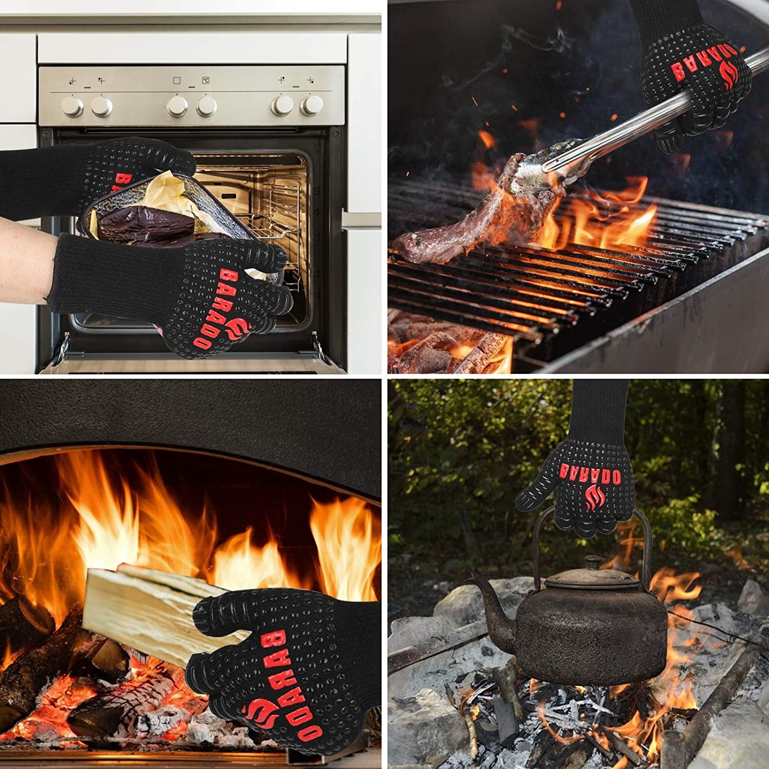 BBQ Gloves, Grill Gloves Extreme Heat Resistant, Barbecue Grilling Oven Gloves with Non-Slip Silicone Coating for Barbecue