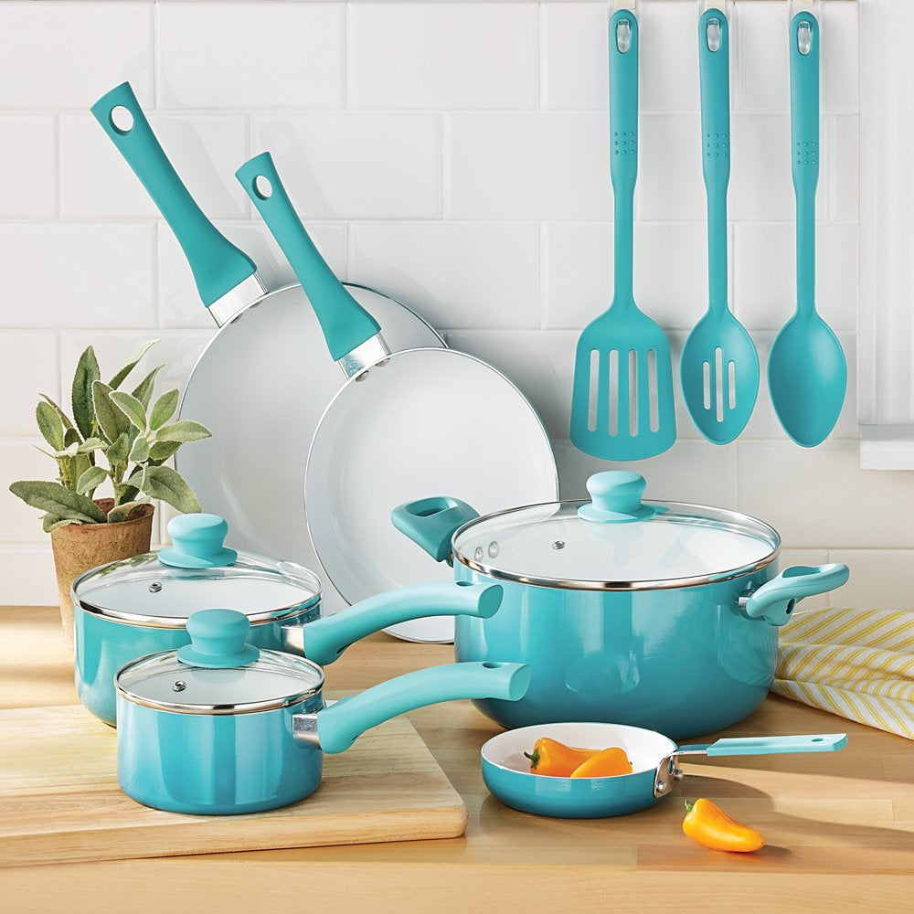 12 Piece Ceramic Nonstick Cookware Set, Teal Ombre