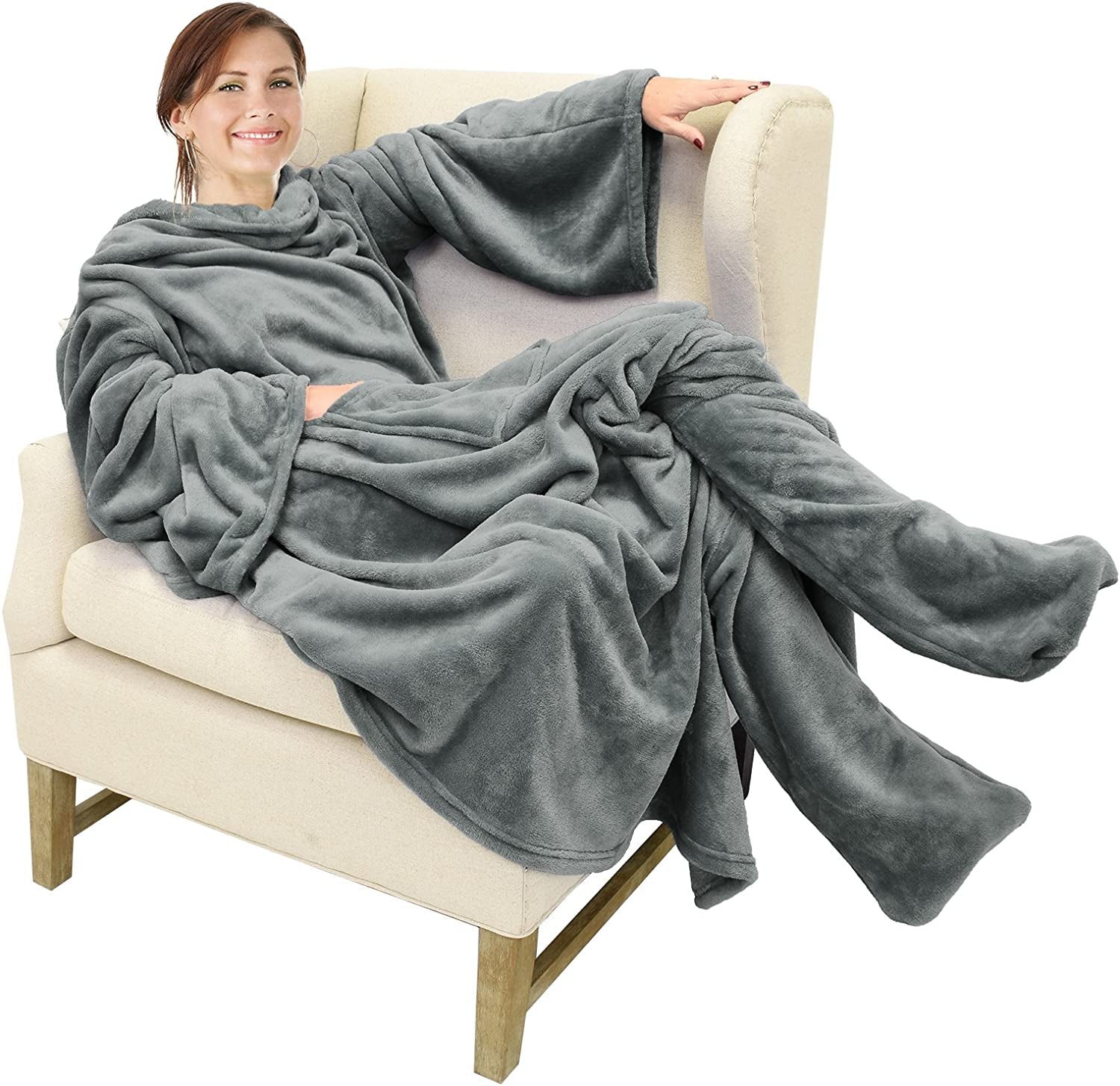 Wearable Fleece/Sherpa Blanket with Sleeves and Foot Pockets for Adult Women Men, Micro Plush Comfy Wrap Sleeved Throw Blanket Robe Large