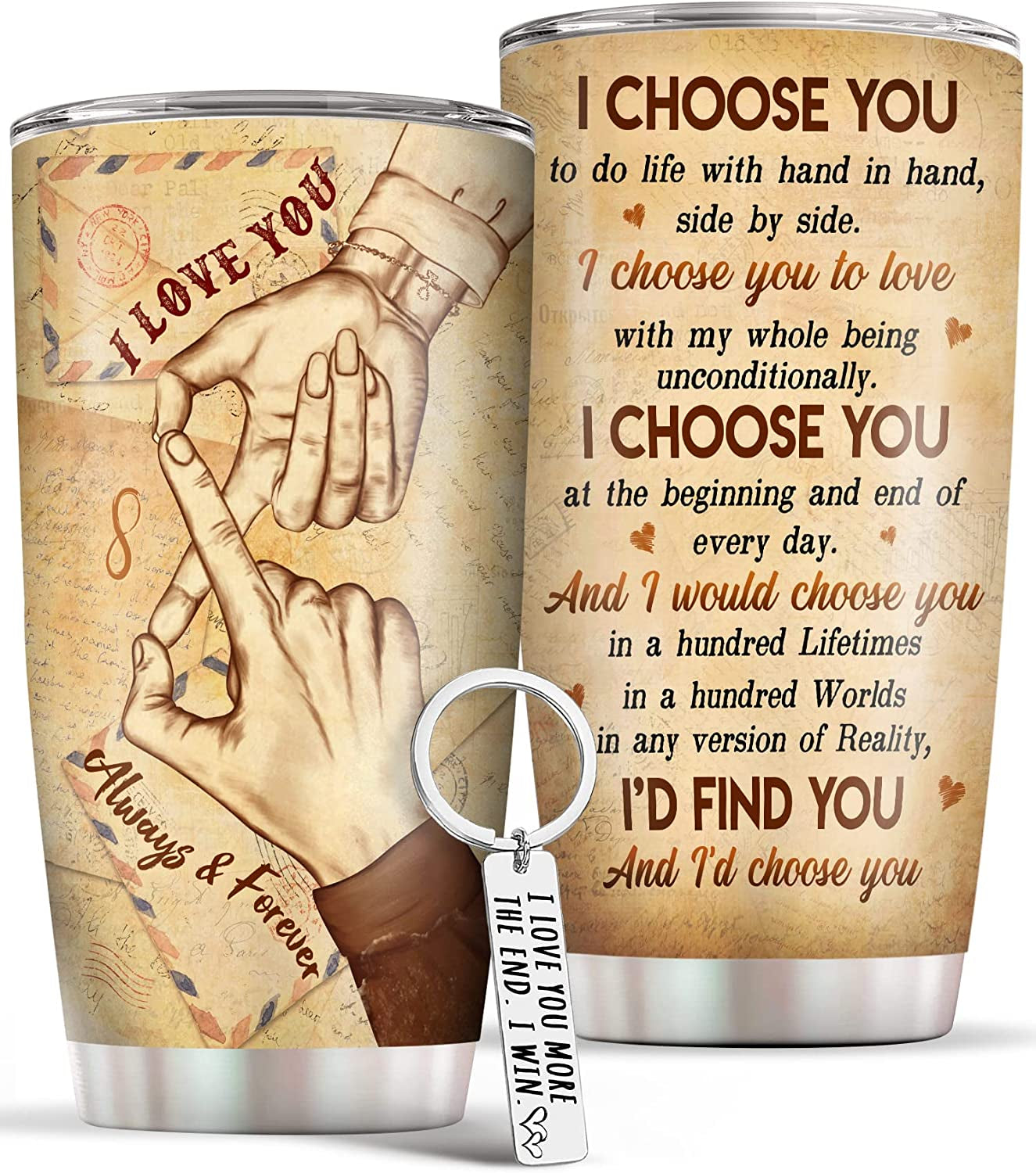  Love You More Keychain & Travel Coffee Mug Stainless Steel Tumbler 20Oz