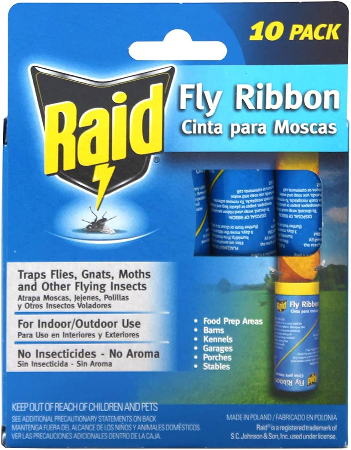 Raid Fly Ribbon, Fly Traps for Indoors and Outdoors, Bug Trap for Flying Insects, Pack of 10