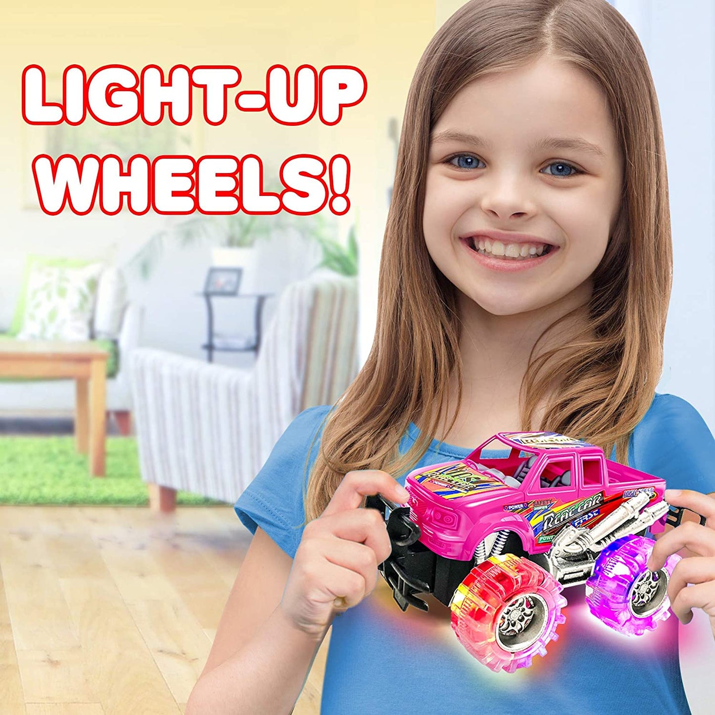 Artcreativity Pink and Green Light up Monster Truck Set for Boys and Girls, Set Includes 2, 6 Inch Monster Trucks with Beautiful Flashing LED Tires, Push N Go Toy Cars, Best Gift for Kids, for Ages 3+