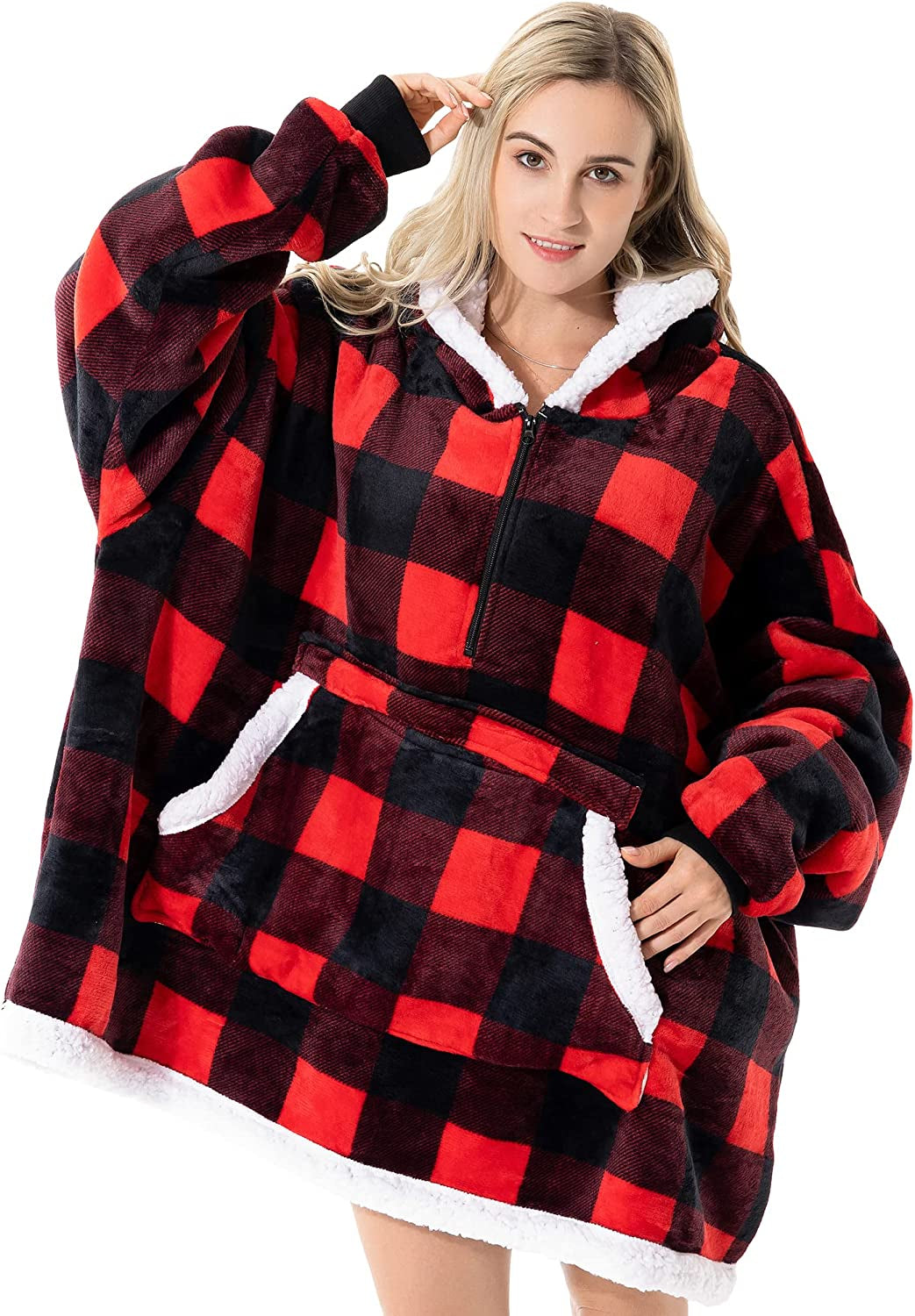 Wearable Hoodie Blanket Oversized Sweatshirt Blanket Sherpa Blanket Soft Warm Cozy Fleece Hoodie for Adults