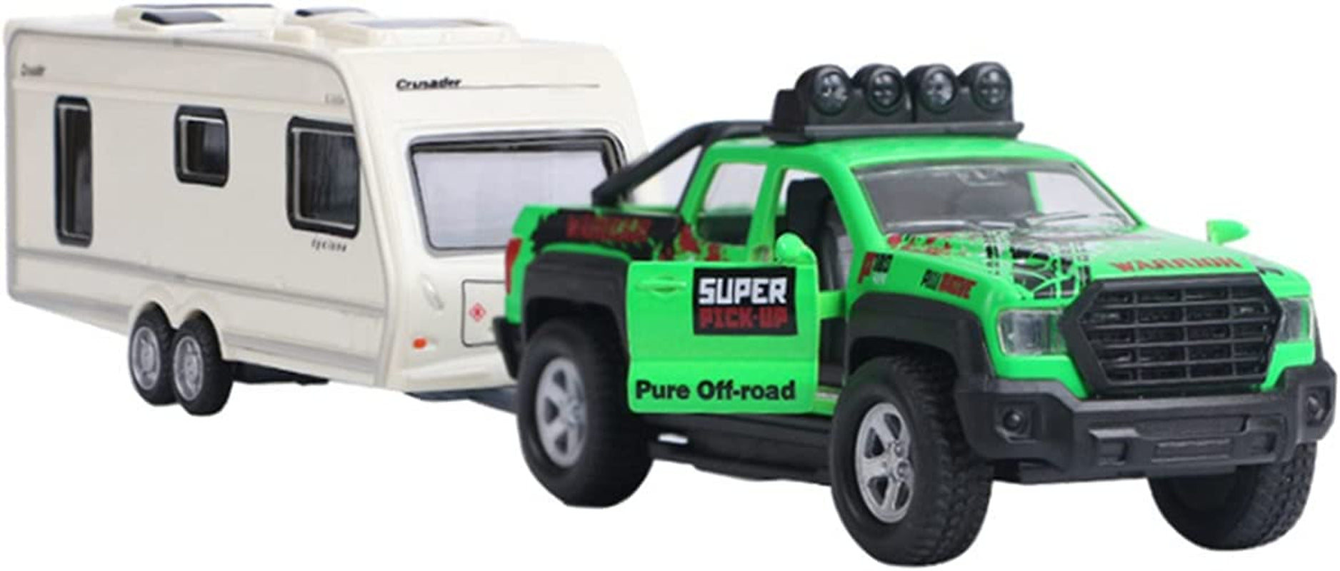 Monster Pickup Truck Trailer with Toy Camper RV Motorhome Toys for Boys Diecast Model Car Metal Toy Cars 1/36 Scale Off-Road SUV Pull Back Friction Powered Doors Open Light Sound Kids Gifts, Green