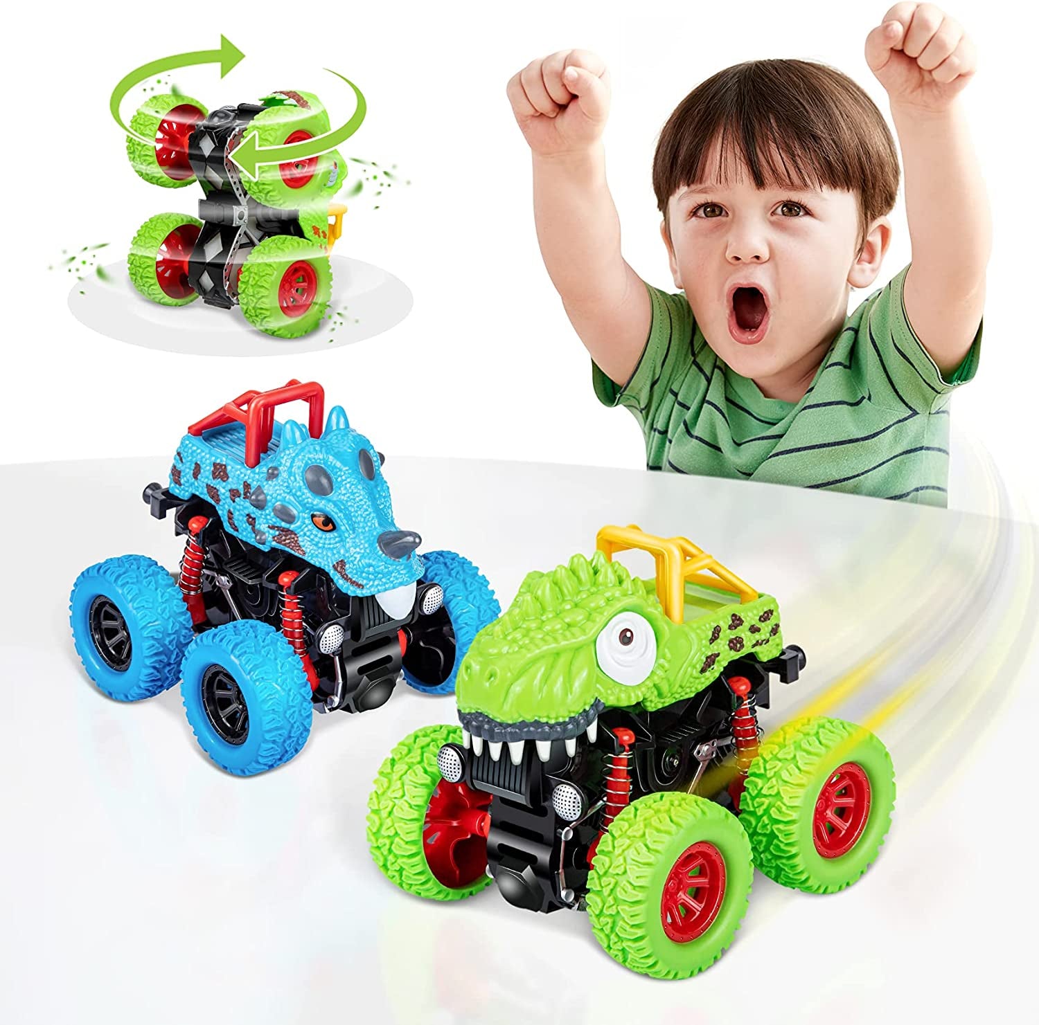 2-Pack Double-Directions Push and Go Dinosaur Vehicles Toys Sets for Kids