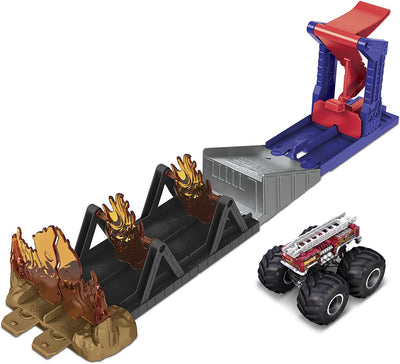 Hot Wheels Monster Trucks Fire through Hero Playset with 1:64 Scale Die-Cast 5 Alarm Vehicle & Launcher, Gift for Kids Ages 3 to 8 Years Old