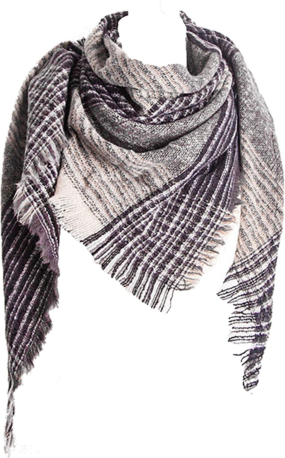 Womens Warm Scarf Triangle Shawls Winter Scarves Stripe Plaid Fichu Rough Surface