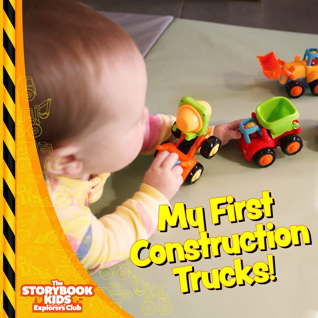 My First Construction Trucks and Storybook - for Kids Age 1, 2, 3 - Push & Pull Cars for Two Year Olds - Toys for 2 Year Old Boy - Toys for 1 Year Old - Toddler Friction Toy Trucks for 2 Yr Old Boys