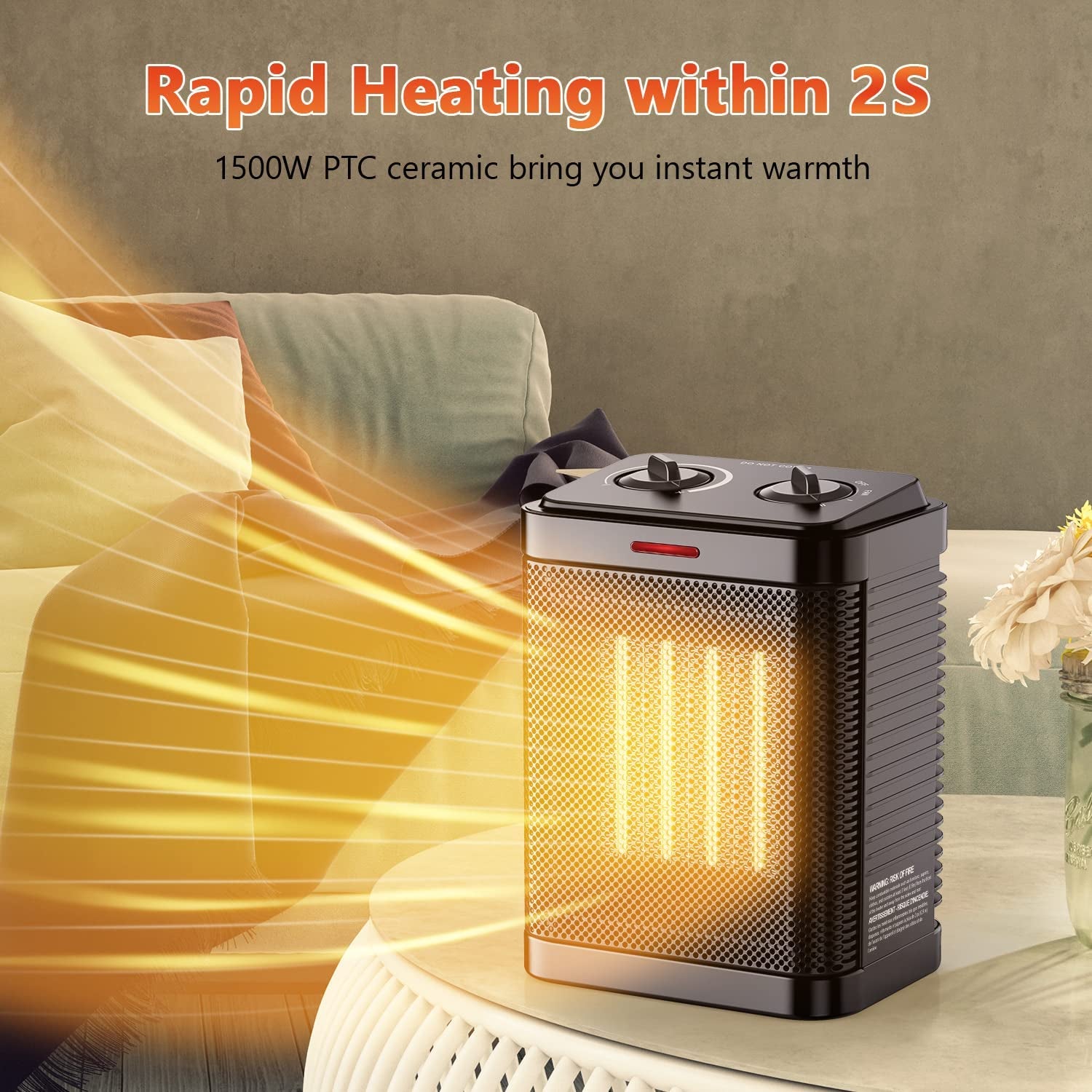 1500W Space Heater for Indoor Use, Portable Electric Heater 2S Rapid Heating, Small Space Heater with Thermostat, PTC Ceramic Heater with Tip-Over and Overheat Protection, Great for Home and Office