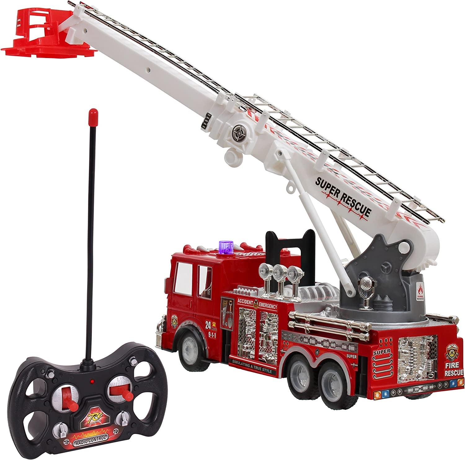 13'' Remote Control Fire Truck - Rescue R/C Fire Engine Truck Remote Control Truck Best Gift Toy for Boys with Lights, Siren, and Extending Ladder