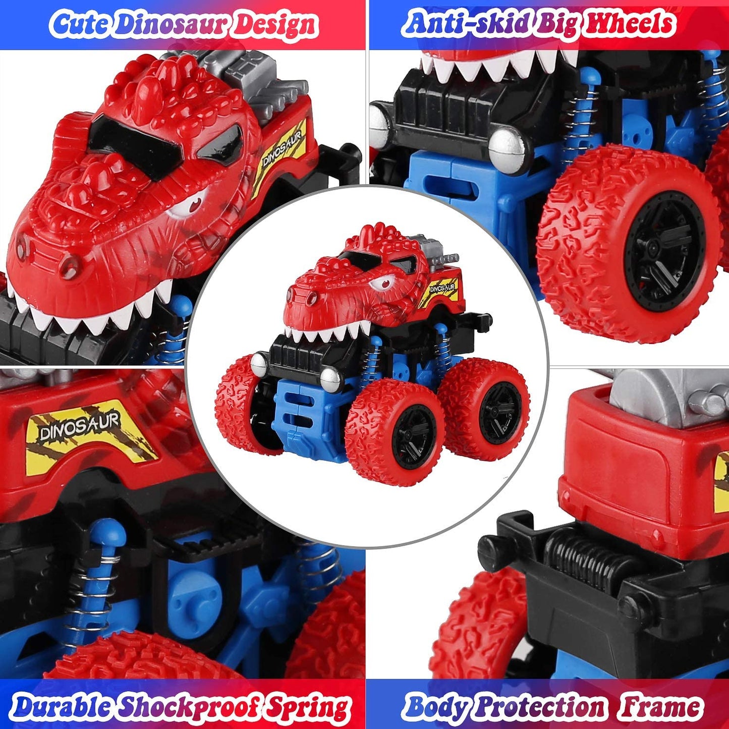 Dinosaur Toys Cars for Boys - 4 Pack Friction Powered Push and Go Monster Trucks Pull Back Vehicles for Kids Ages 3 4 5 6 7 Year Old - Christmas Birthday Gift Dino Toys for Toddlers