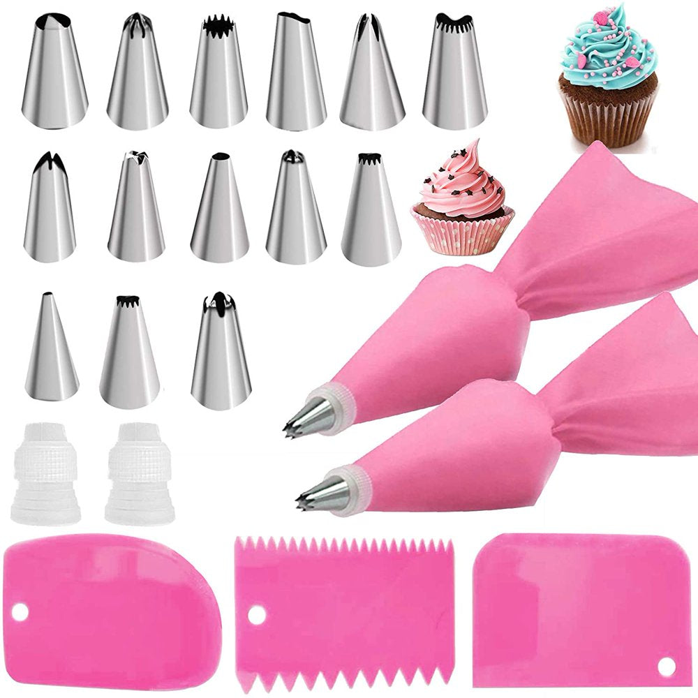 21Pcs Piping Bags and Tips Set,Reusable Silicone Pastry Bag with Stainless Steel Nozzle Icing Tips Set, Icing Smoother & Couplers &Sealing Clip for Baking Decorating Cake Tool
