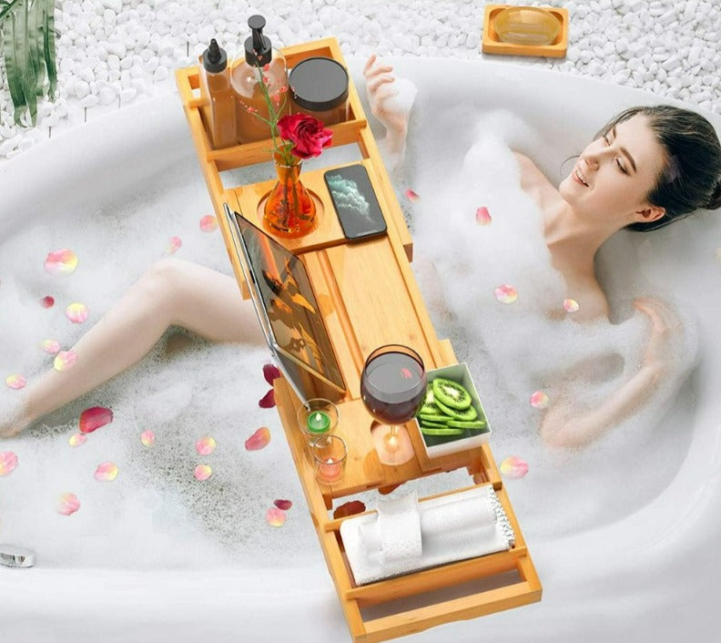 Expandable Bamboo Bathtub Caddy Tray for Bath Tub 